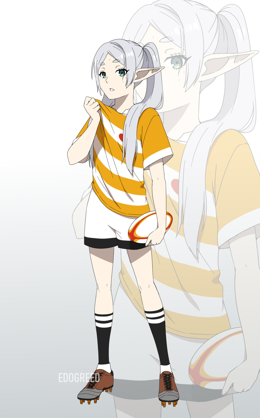 1girl absurdres artist_name ball black_socks brown_footwear cleats eadgear elf frieren full_body gradient_background green_eyes grey_background highres holding holding_ball jersey long_hair parted_lips pointy_ears rugby_ball rugby_uniform shirt short_sleeves shorts socks solo sousou_no_frieren sportswear striped_clothes striped_shirt sweat thick_eyebrows twintails white_background white_hair white_shirt white_shorts yellow_shirt zoom_layer