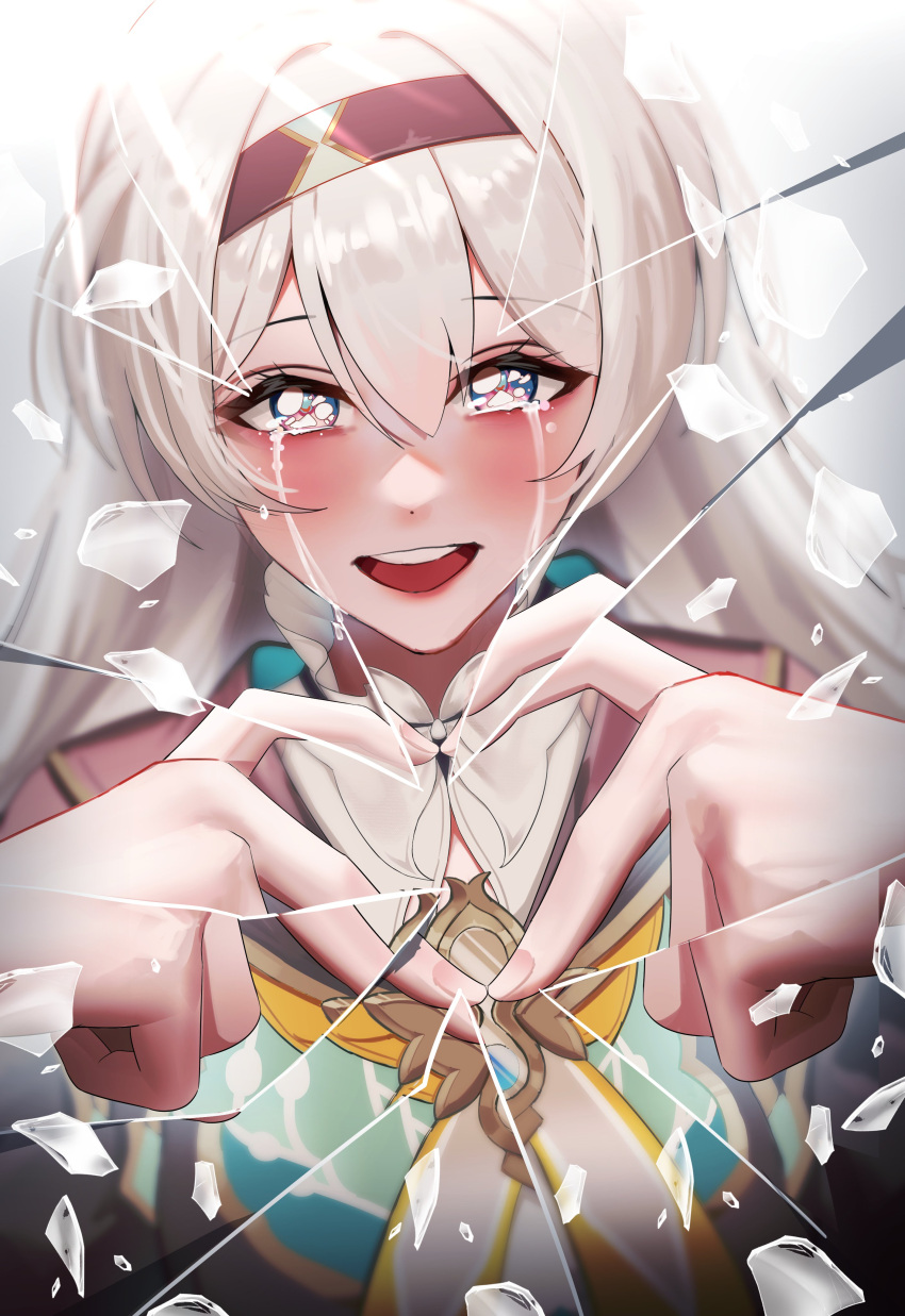 1girl :d absurdres anoreika_tomoe black_hairband blush commentary crying crying_with_eyes_open firefly_(honkai:_star_rail) hairband heart heart_hands highres honkai:_star_rail honkai_(series) long_hair looking_at_viewer neckerchief open_mouth smile solo tears upper_body very_long_hair violet_eyes white_hair yellow_neckerchief