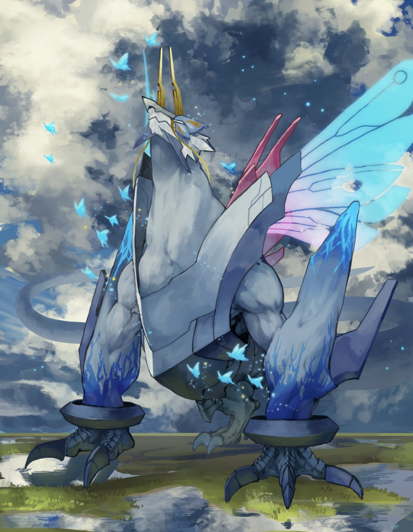 all_fours alternate_form azumaya-san_(otya_sitamahe) azure_striker_gunvolt azure_striker_gunvolt_3 blue_skin bug butterfly butterfly_wings clouds colored_skin commentary_request dragon energy_wings gunvolt highres horns insect_wings looking_up transparent_wings wings