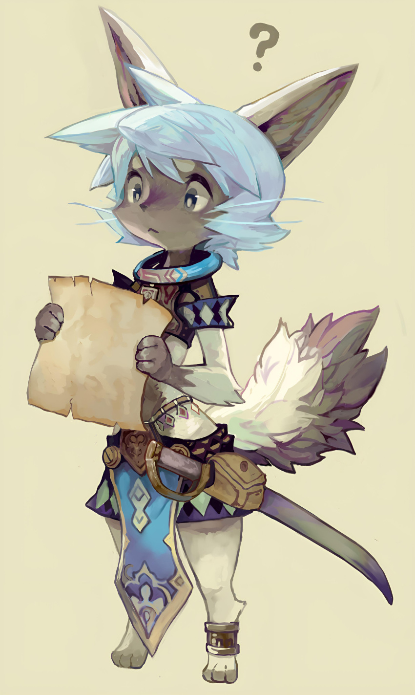 1other ? absurdres androgynous animal_ears animal_hands animal_nose anklet armor black_eyes blue_hair body_fur breastplate cat confused crop_top digitigrade furry furry_female grey_fur highres holding holding_paper jewelry large_ears light_blue_hair messy_hair midriff multicolored_fur murayama_ryota navel neck_ring original paper pelvic_curtain scabbard sheath sheathed short_hair short_sleeves shorts simple_background solo_focus source_request spiky_hair sword weapon werewolf whiskers white_fur
