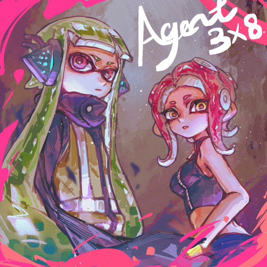 2girls agent_3_(splatoon) agent_8_(splatoon) black_cape breasts cape character_name chinese_commentary closed_mouth crop_top green_hair headgear high-visibility_vest highres inkling inkling_girl inkling_player_character long_hair medium_breasts medium_hair multiple_girls octoling octoling_girl octoling_player_character parted_lips pink_eyes redhead splatoon_(series) splatoon_2 splatoon_2:_octo_expansion suction_cups tentacle_hair thenintlichen96 very_long_hair vest yellow_eyes zipper