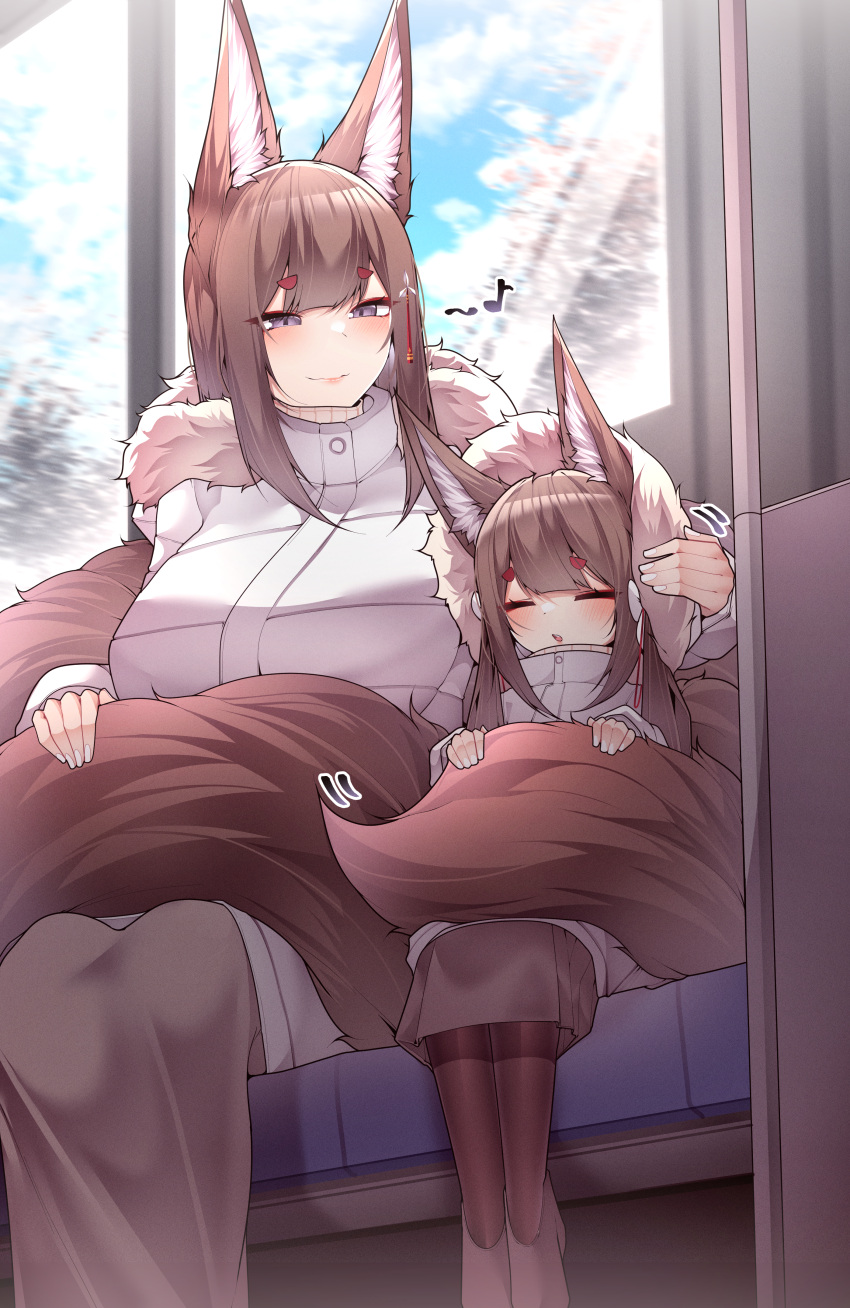 2girls absurdres amagi-chan_(azur_lane) amagi_(azur_lane) animal_ears azur_lane blush brown_hair casual closed_eyes coat day eyeshadow flower fox_ears fox_girl fox_tail fur-trimmed_coat fur-trimmed_hood fur_trim hair_between_eyes hair_flower hair_ornament hairpin half-closed_eyes hand_on_another's_head headpat highres hood indoors kitsune long_hair makeup mother_and_daughter multiple_girls multiple_tails musical_note open_mouth red_eyeshadow samip sitting slit_pupils smile spoken_musical_note tail tail_cover very_long_hair violet_eyes white_flower winter_clothes winter_coat