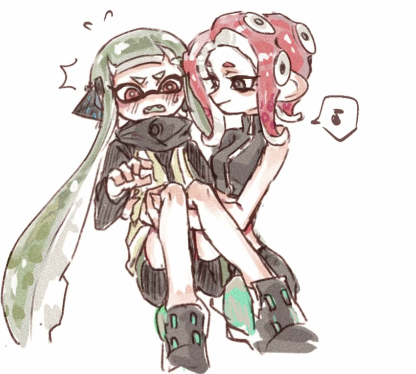 2girls agent_3_(splatoon) agent_8_(splatoon) bike_shorts black_eyes carrying chinese_commentary fangs green_hair headgear high-visibility_vest highres inkling inkling_girl inkling_player_character long_hair long_sleeves medium_hair multiple_girls musical_note octoling octoling_girl octoling_player_character open_mouth pink_eyes princess_carry redhead simple_background single_bare_shoulder speech_bubble splatoon_(series) splatoon_2 splatoon_2:_octo_expansion spoken_musical_note suction_cups tentacle_hair thenintlichen96 very_long_hair vest white_background
