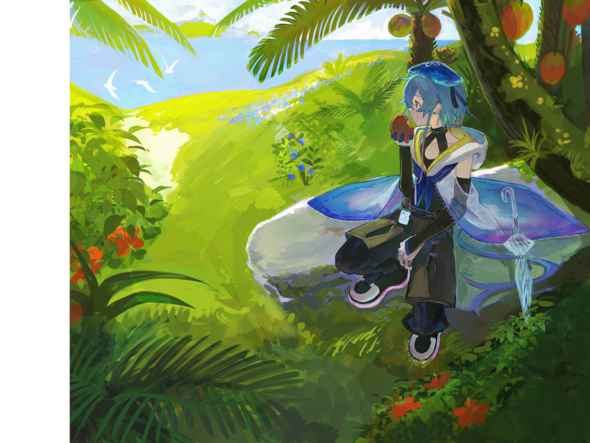 1boy absurdres arknights beret bird blue_eyes blue_headwear blue_neckerchief cape clothing_cutout detached_sleeves earrings eating flower food from_above fruit grass hand_up hat highres holding holding_food holding_fruit hood hood_down hooded_cape infection_monitor_(arknights) jewelry male_focus mizuki_(arknights) neckerchief otoko_no_ko pink_eyes plant rock see-through_cape short_hair_with_long_locks shorts single_earring sitting sitting_on_rock solo umbrella yomotobi