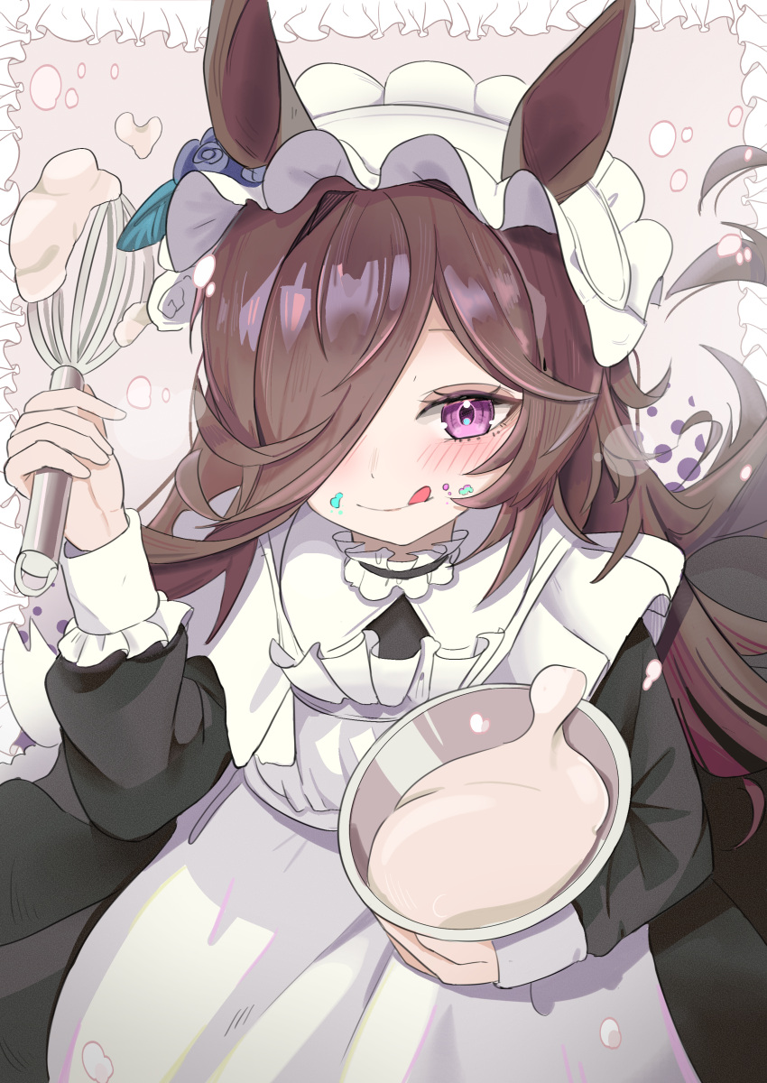 1girl :q absurdres animal_ears apron black_dress blush bowl brown_hair closed_mouth commentary_request dress food food_on_face hair_over_one_eye high_(hgih) highres holding holding_bowl holding_whisk horse_ears horse_girl long_hair long_sleeves looking_at_viewer maid maid_apron maid_headdress mixing_bowl rice_shower_(umamusume) smile solo tongue tongue_out umamusume violet_eyes whisk