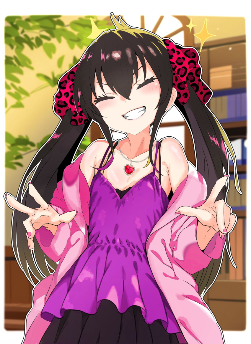 1girl animal_print black_hair blush breasts closed_eyes dress facing_viewer heart heart_necklace highres idolmaster idolmaster_cinderella_girls indoors jacket jewelry kazuta1000 leopard_print long_hair matoba_risa necklace open_clothes open_jacket pink_jacket pink_nails print_ribbon ribbon small_breasts smile solo sparkle teeth twintails