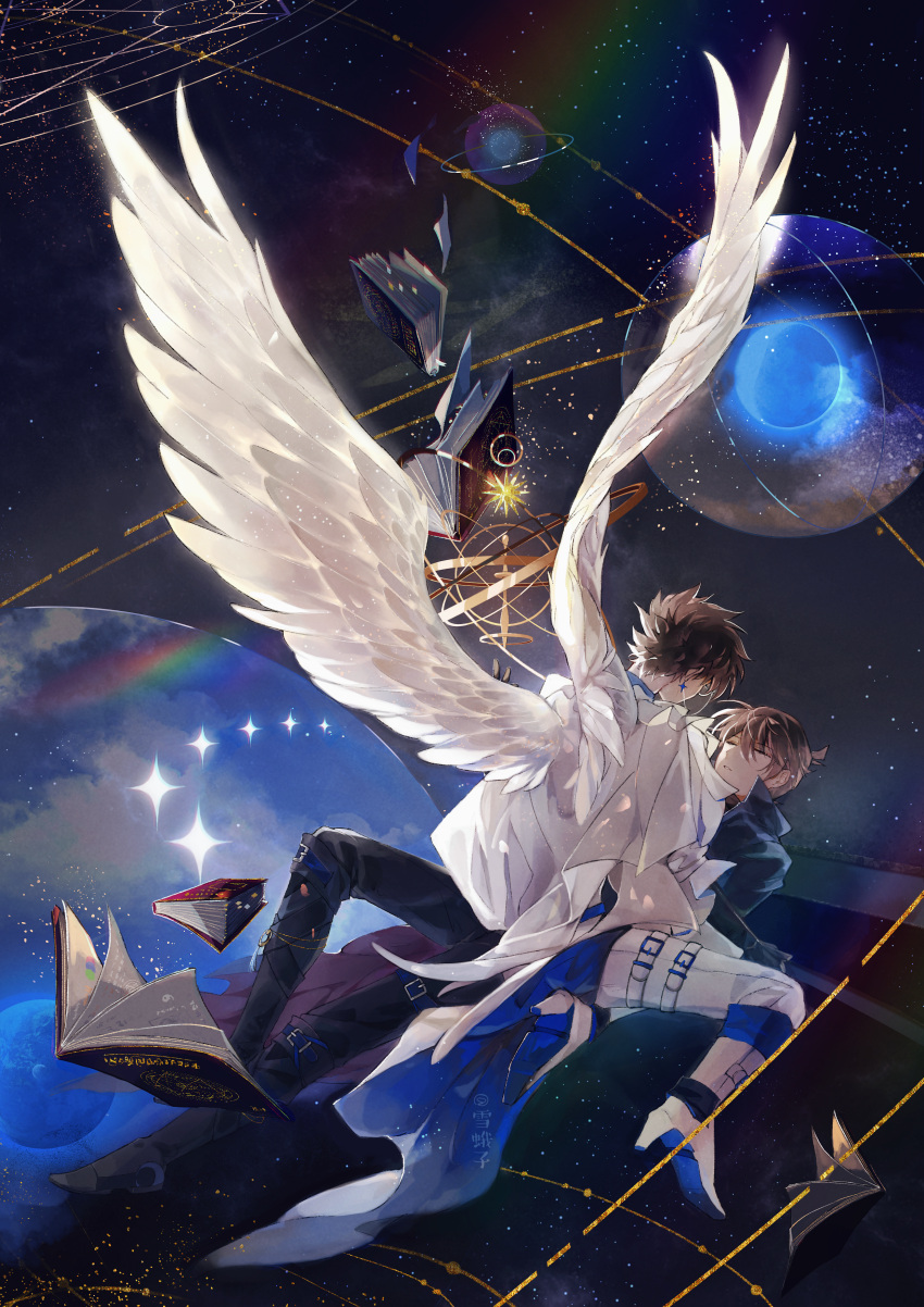 2boys absurdres ahoge alternate_costume angel_wings armillary_sphere belt black_footwear black_pants blue_coat blue_pants book boots brown_hair cape chinese_commentary closed_eyes coat colored_shoe_soles commentary facing_away feathered_wings floating floating_book floating_object full_body hair_between_eyes high_heel_boots high_heels highres kaitou_kid knee_boots kudou_shin'ichi kuroba_kaito light_particles long_sleeves looking_at_another lying male_focus meitantei_conan monocle multiple_boys on_back open_book pants parted_lips planet short_hair sitting sky space spiky_hair star_(sky) starry_sky thigh_belt thigh_strap torn_clothes torn_coat white_cape white_footwear white_wings wings xue_ezi yokozuwari