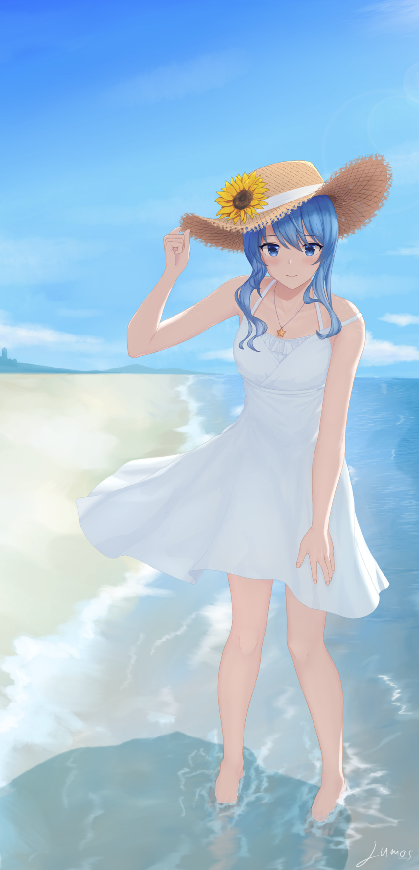 1girl barefoot beach dress hat highres hololive hoshimachi_suisei lumos_(noblese96) straw_hat sun_hat virtual_youtuber wading