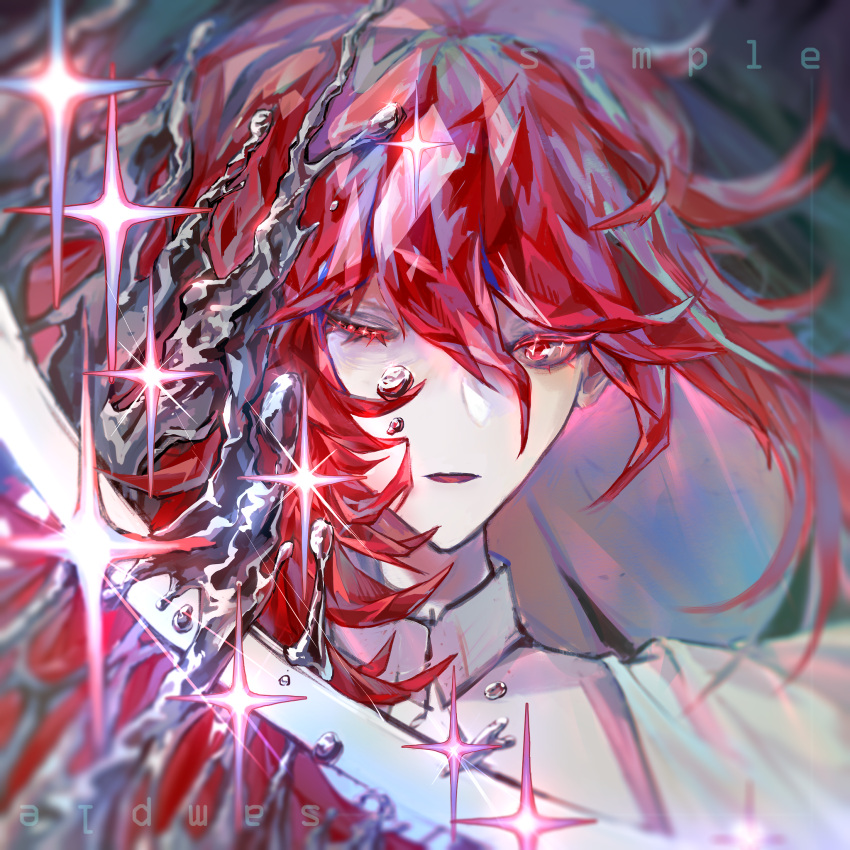 1other androgynous colored_eyelashes crystal_hair hair_between_eyes highres houseki_no_kuni liquid_metal long_hair looking_at_viewer other_focus padparadscha_(houseki_no_kuni) parted_lips portrait red_eyes redhead shirt solo sparkle tknife uneven_eyes white_shirt