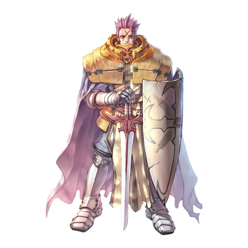 1boy 2000s_(style) armor armored_boots boots breastplate cape closed_mouth cross cross_scar crusader_(ragnarok_online) frown full_body gauntlets highres holding holding_shield holding_sword holding_weapon long_sleeves looking_at_viewer male_focus myung-jin_lee official_art pauldrons purple_cape purple_hair ragnarok_online scar scar_on_face shield short_hair shoulder_armor simple_background solo spiky_hair standing sword tabard tachi-e transparent_background weapon