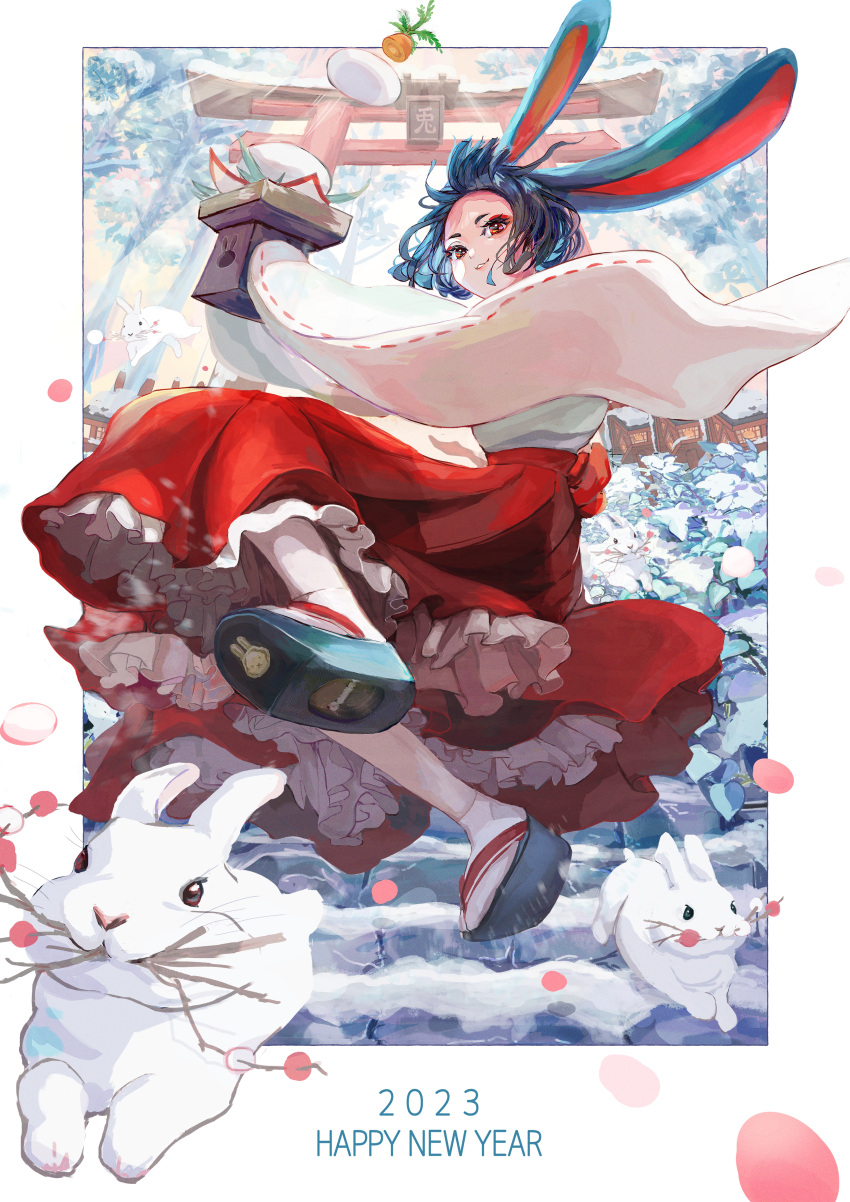 1girl 2023 :3 absurdres animal_ears black_hair carrot chinese_zodiac eyeshadow floating_clothes floating_hair hakama hakama_skirt happy_new_year highres holding inset_border japanese_clothes kagami_mochi makeup miko nakauma okobo original outdoors rabbit rabbit_ears red_eyes red_eyeshadow red_hakama sandals short_eyebrows short_hair skirt sleeves_past_fingers sleeves_past_wrists socks solo stairs stone_stairs torii white_socks wide_sleeves year_of_the_rabbit