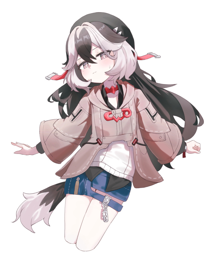 1girl animal_ears beret black_hair black_headwear blue_shorts brown_jacket closed_mouth coralie_(honkai_impact) cropped_legs denim denim_shorts dog_ears dog_girl dog_tail grey_eyes grey_hair hat highres honkai_(series) honkai_impact_3rd jacket jambujok long_hair long_sleeves looking_at_viewer multicolored_hair shorts simple_background solo tail two-tone_hair white_background