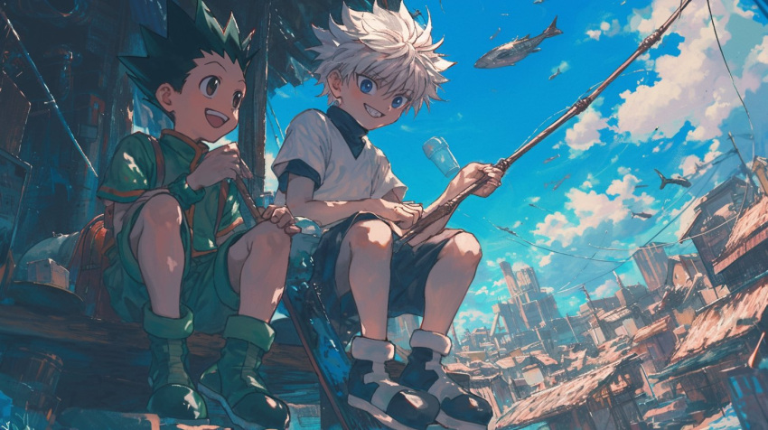 2boys black_hair blue_eyes blue_sky bright_pupils brown_eyes clouds english_commentary fish fishing fishing_rod flying_fish full_body gon_freecss grin happy holding holding_fishing_rod hunter_x_hunter killua_zoldyck layered_clothes looking_ahead looking_at_viewer male_focus messy_hair multiple_boys open_mouth outdoors short_hair shorts sitting sky smile spiky_hair tarte_(hodarake) teeth upper_teeth_only white_hair