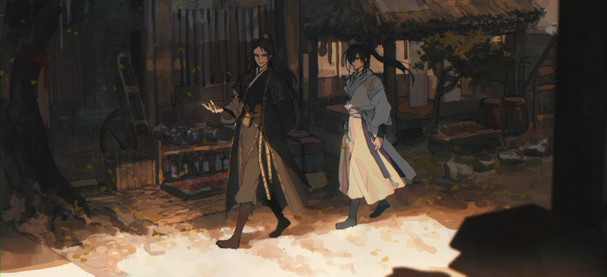 2boys architecture arm_behind_back black_footwear black_hanbok boots bottle brown_eyes building commentary_request dust_girl east_asian_architecture falling_leaves full_body hanbok high_ponytail highres jinhongi jug_(bottle) korean_clothes korean_commentary leaf long_hair looking_at_another multiple_boys plant seol_young smile thatched_roof tree walking white_hanbok yellow_eyes zaha