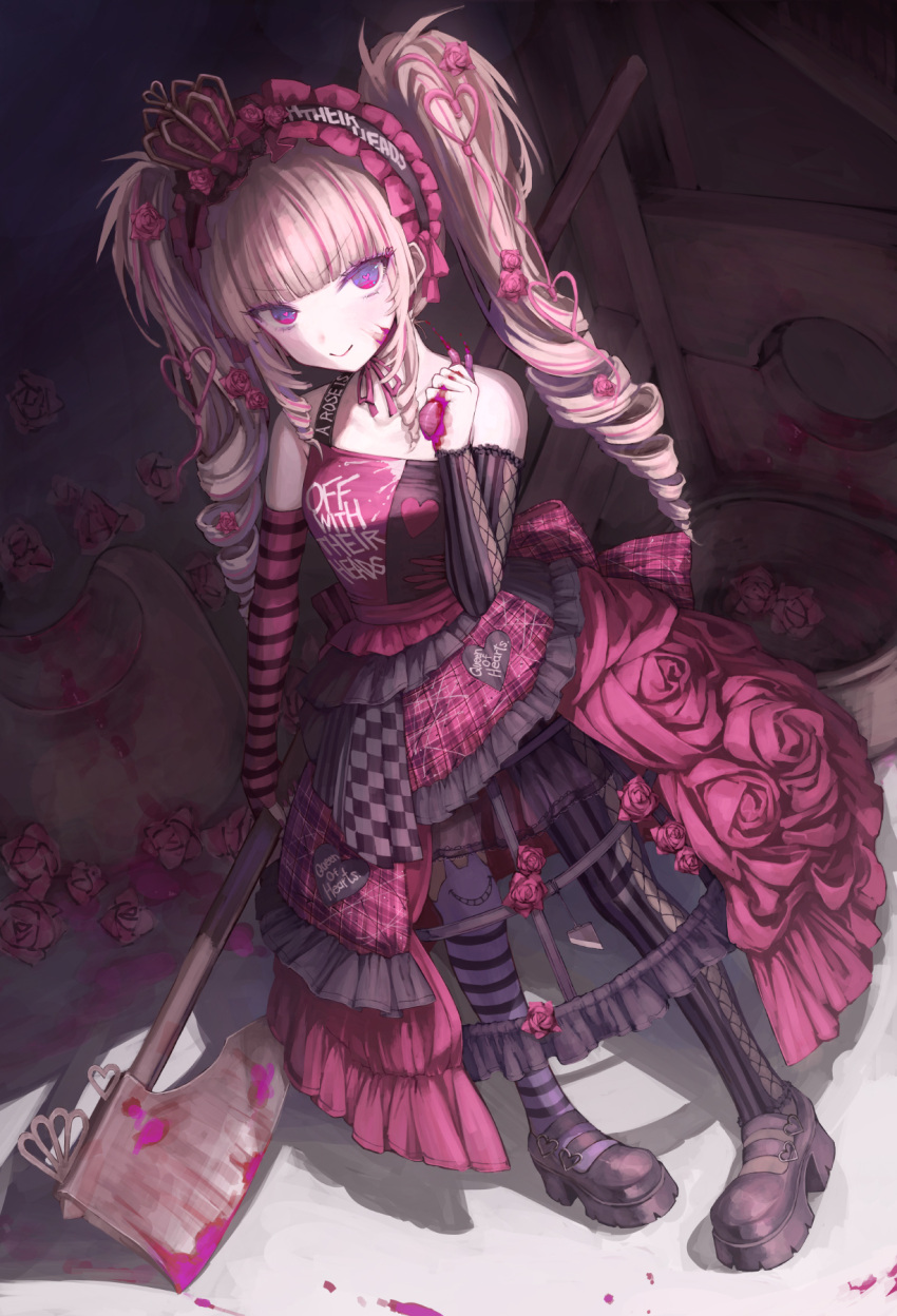 1girl axe black_footwear blonde_hair blood blunt_bangs boots closed_mouth crown detached_sleeves dress drill_hair full_body gothic_lolita hair_ornament hairband highres holding holding_axe lolita_fashion looking_at_viewer original osobachan petticoat pink_blood pink_eyes red_dress revision sidelocks smile solo standing twin_drills twintails violet_eyes