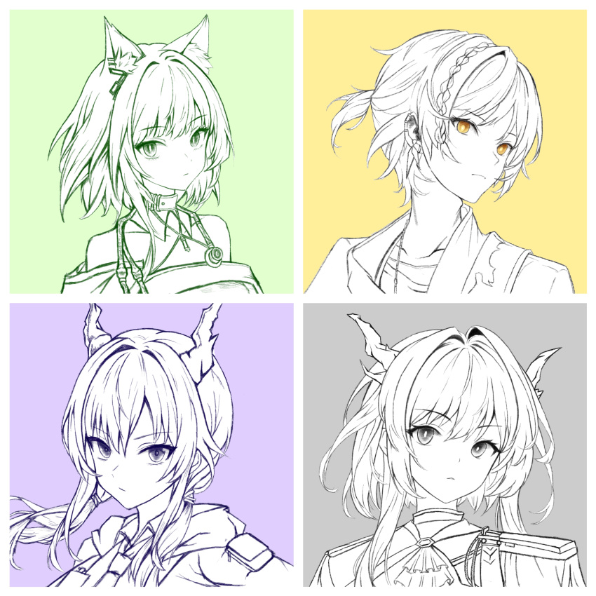 1boy 3girls absurdres animal_ear_fluff animal_ears arknights ascot bare_shoulders belt belt_collar border braid cat_ears cat_girl ch'en_(arknights) chinese_commentary closed_mouth collar collarbone commentary_request dragon_girl dragon_horns epaulettes expressionless green_background grey_background greyscale_with_colored_background hair_intakes halterneck highres horns kal'tsit_(arknights) liusuantong777_(tung_sulfate) long_hair looking_at_viewer multiple_girls off_shoulder parted_lips portrait purple_background short_hair simple_background slit_pupils stethoscope talulah_(arknights) thorns_(arknights) turning_head white_border yellow_background yellow_eyes