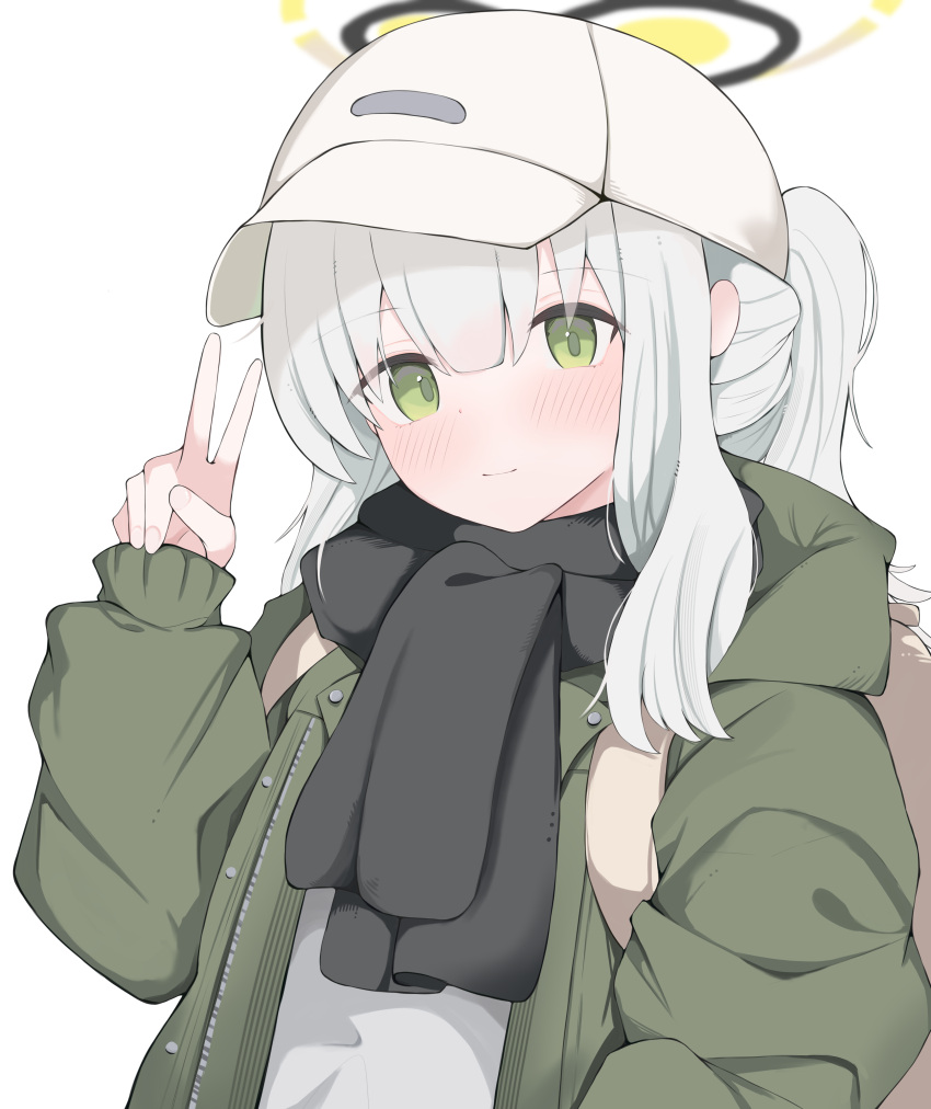 1girl absurdres black_scarf blue_archive blush closed_mouth green_eyes green_jacket grey_hair halo hare_(blue_archive) hare_(camp)_(blue_archive) hat highres hood hooded_jacket jacket long_hair long_sleeves looking_at_viewer nui_(nuinui0300) official_alternate_costume open_clothes open_jacket ponytail scarf simple_background smile solo v white_background white_headwear