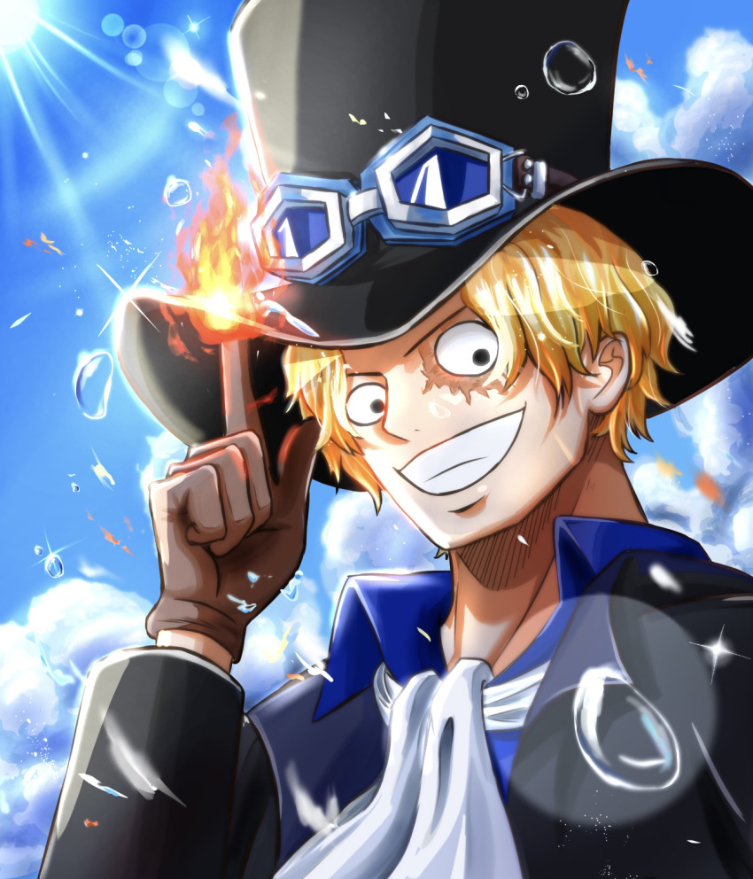 1boy ascot black_eyes black_headwear blonde_hair brown_gloves clouds cloudy_sky commentary_request day fire gloves goggles goggles_on_headwear hat highres index_finger_raised jvet4227 male_focus one_piece outdoors sabo_(one_piece) scar scar_across_eye scar_on_face short_hair sky smile solo top_hat white_ascot