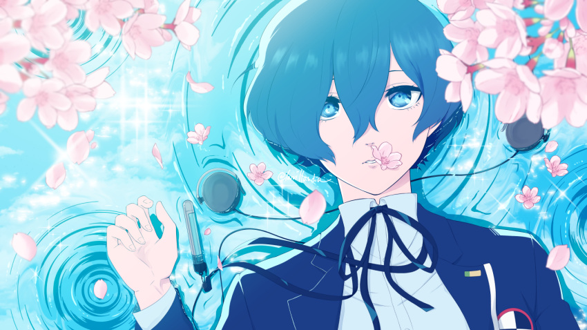 1boy blue_eyes blue_hair blue_jacket blue_ribbon bug butterfly cherry_blossoms collared_shirt digital_media_player from_above gekkoukan_high_school_uniform hair_between_eyes hand_up headphones jacket lavillardia long_sleeves looking_at_viewer lying lying_on_water male_focus neck_ribbon on_back parted_lips persona persona_3 petals petals_on_liquid ribbon ripples school_uniform shallow_water shirt short_hair solo upper_body water white_shirt wing_collar yuuki_makoto_(persona_3)