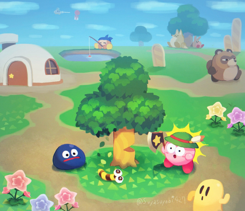 :o animal_crossing artist_name axe balloon bandana bandana_waddle_dee black_eyes blue_bandana blue_sky blush blush_stickers box capiller_(kirby) cappy_(kirby) chimney closed_eyes clouds commentary_request con_(kirby) day door feathers fishing fishing_rod flower frown gift gift_box gooey_(kirby) grass green_headwear hat hat_feather holding holding_axe holding_fishing_rod house kirby kirby's_house kirby_(series) looking_at_another no_humans on_ground open_mouth outdoors path pink_flower polof pon_(kirby) pond purple_flower scenery sitting sky solid_oval_eyes star_(symbol) surprised suyasuyabi tree twitter_username ufo ufo_(kirby) walking water wide-eyed window yellow_flower