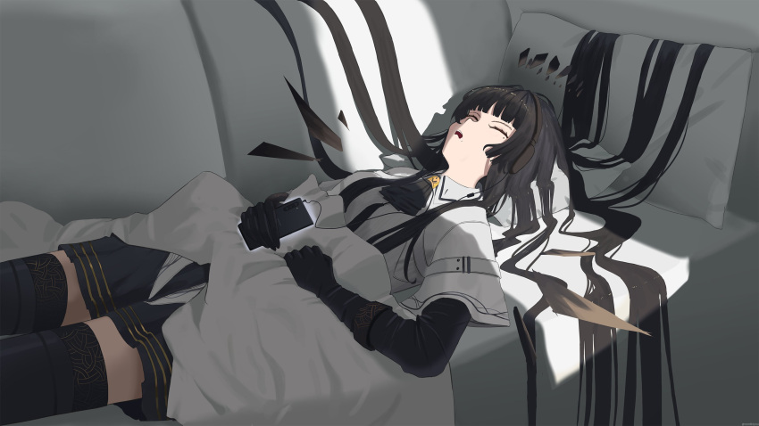 1girl arknights ascot black_ascot black_gloves black_hair black_skirt black_thighhighs blunt_bangs closed_eyes couch cowboy_shot day elbow_gloves gloves hair_spread_out headphones highres indoors jacket legs_apart listening_to_music long_hair long_sleeves lying miniskirt northkiyou on_back open_mouth pillow pleated_skirt screen_light shadow skirt sleeping solo straight_hair thigh-highs very_long_hair virtuosa_(arknights) white_jacket wings zettai_ryouiki
