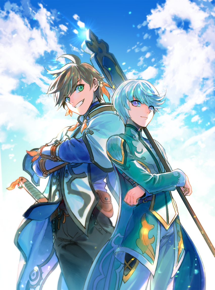2boys ahoge back-to-back backlighting bae_(baebae) bead_bracelet beads blue_sky bracelet brown_hair brown_pants crossed_arms earrings feather_earrings feathers green_eyes grey_hair grin highres holding holding_staff jewelry light_particles looking_at_another male_focus mikleo_(tales) multiple_boys pants sheath sheathed short_hair sky smile sorey_(tales) sparkle staff standing swept_bangs tales_of_(series) tales_of_zestiria upper_body violet_eyes