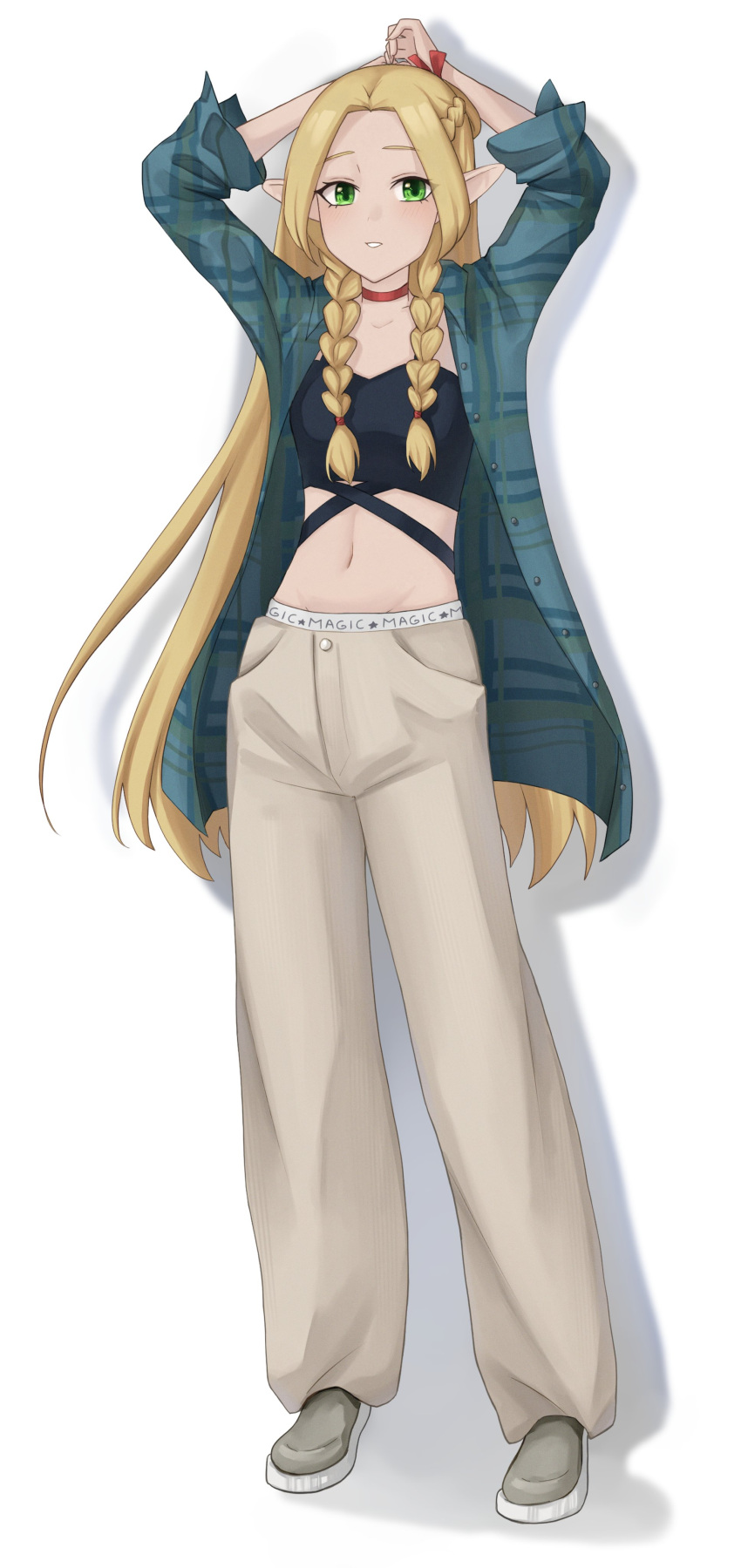 1girl absurdres alternate_costume arms_up black_tank_top blonde_hair braid choker commentary contemporary crop_top dungeon_meshi english_commentary full_body green_eyes green_shirt grey_footwear highres long_hair looking_at_viewer marcille_donato midriff navel pants parted_lips pointy_ears red_choker shirt sidelocks simple_background solo streetwear studiohaoto tank_top twin_braids white_background white_pants