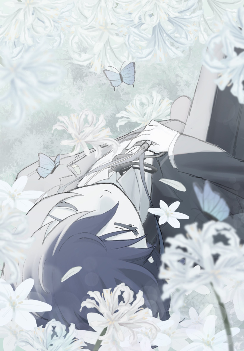 1boy black_jacket black_pants black_ribbon blue_butterfly blue_hair bug butterfly closed_eyes closed_mouth collared_shirt digital_media_player field flower flower_field gekkoukan_high_school_uniform highres jacket leg_up long_sleeves lying male_focus muted_color neck_ribbon on_back open_clothes open_jacket pale_color pants persona persona_3 ribbon school_uniform shirt short_hair smile solo spider_lily uoqxs white_flower white_shirt white_spider_lily wing_collar yuuki_makoto_(persona_3)