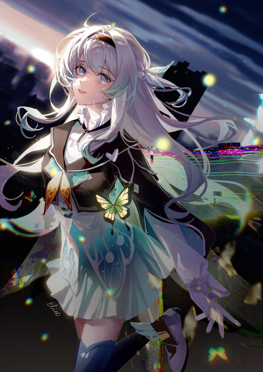 1girl aqua_skirt black_hairband black_jacket blue_thighhighs commentary_request crying crying_with_eyes_open elicooc firefly_(honkai:_star_rail) grey_hair grin hairband happy_tears highres honkai:_star_rail honkai_(series) jacket long_sleeves looking_at_viewer miniskirt parted_lips skirt smile solo tears thigh-highs violet_eyes zettai_ryouiki