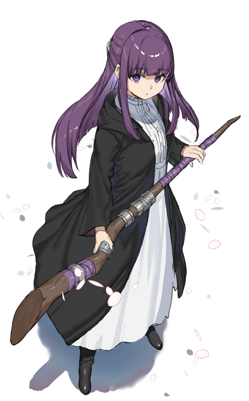 1girl absurdres black_footwear black_robe boots closed_mouth dress fern_(sousou_no_frieren) full_body highres holding holding_staff hood hood_down hooded_robe long_hair long_sleeves open_clothes open_robe petals purple_hair ranf robe shadow simple_background solo sousou_no_frieren staff standing very_long_hair violet_eyes white_background white_dress