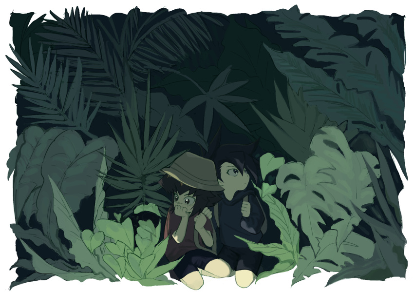 2boys black_hair black_shorts black_sweater brown_bag brown_hair bucket_hat child covering_own_mouth hand_on_another's_shoulder hat highres hood hooded_sweater jungle kd_(jichaman1) kneeling leaf looking_to_the_side looking_up male_focus manjoume_jun multiple_boys nature plant red_shirt scared shirt shorts sweater yu-gi-oh! yu-gi-oh!_gx yuuki_juudai