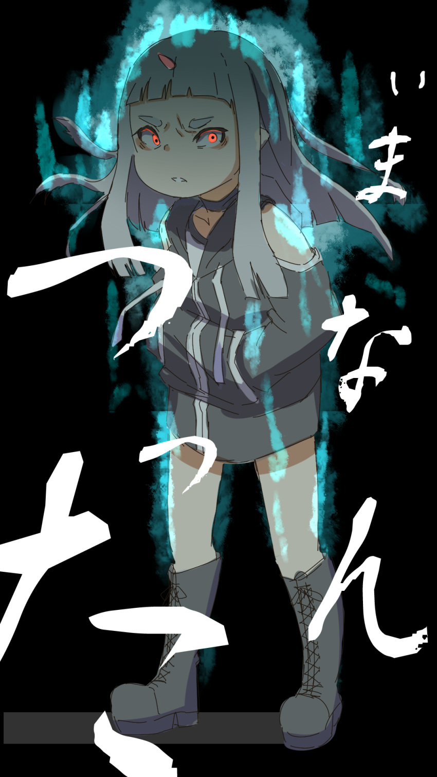 1girl aura bare_shoulders black_background black_choker boots choker clenched_teeth clothing_cutout commentary_request cross-laced_footwear drawstring full_body glowing glowing_eyes grey_footwear grey_jacket hands_in_pockets highres horns jacket kuro_kosyou lace-up_boots oni original red_eyes shoulder_cutout simple_background single_horn solo standing teeth