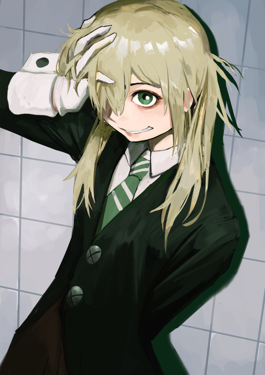 1girl absurdres against_wall black_coat blonde_hair clenched_teeth coat diagonal-striped_clothes diagonal-striped_necktie gloves green_eyes green_necktie grin hair_over_one_eye hand_in_own_hair hand_up highres long_sleeves looking_at_viewer maka_albarn messy_hair necktie shadow shirt sleeve_cuffs smile solo soul_eater striped_clothes teeth tile_wall tiles twintails upper_body white_gloves white_shirt wing_collar xiaomai_yorik