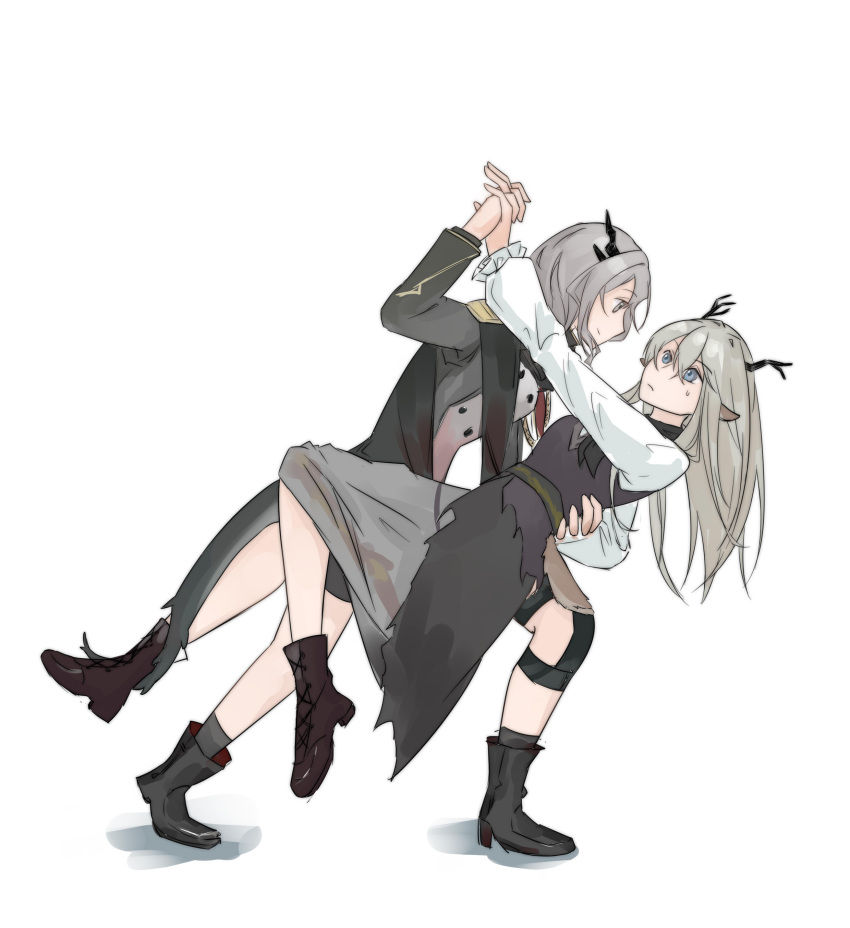 2girls absurdres alina_(arknights) animal_ears antlers arknights ascot black_ascot black_footwear black_horns black_tail blue_eyes brown_footwear chinese_commentary closed_mouth commentary_request dancing deer_ears deer_girl dragon_girl dragon_tail erwuyishi35850 eye_contact full_body grey_eyes grey_hair hand_on_another's_back highres holding_hands horns jacket lifting_person long_hair long_sleeves looking_at_another military_jacket multiple_girls official_alternate_costume profile shoes short_hair simple_background standing sweatdrop tail talulah_(arknights) talulah_the_fighter_(arknights) white_background