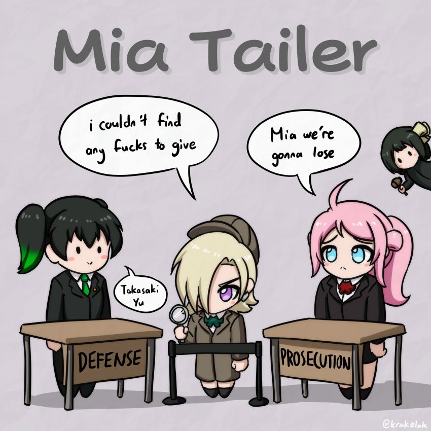 4girls :&gt; :&lt; ahoge black_hair blonde_hair blue_eyes blush_stickers bow bowtie business_suit chibi coat deformed double-parted_bangs english_text frown gavel gradient_hair green_bow green_bowtie green_hair green_necktie grey_background hair_over_one_eye highres holding holding_magnifying_glass krakelak lapel_pin long_hair long_sleeves looking_at_another love_live! love_live!_nijigasaki_high_school_idol_club magnifying_glass medium_hair mia_taylor mifune_shioriko mole mole_under_eye multicolored_hair multiple_girls necktie no_mouth one_eye_covered pink_hair ponytail profanity pun red_bow red_bowtie short_hair sidelocks smile speech_bubble standing suit takasaki_yu text_focus trench_coat twintails twitter_username two_side_up violet_eyes zhong_lanzhu