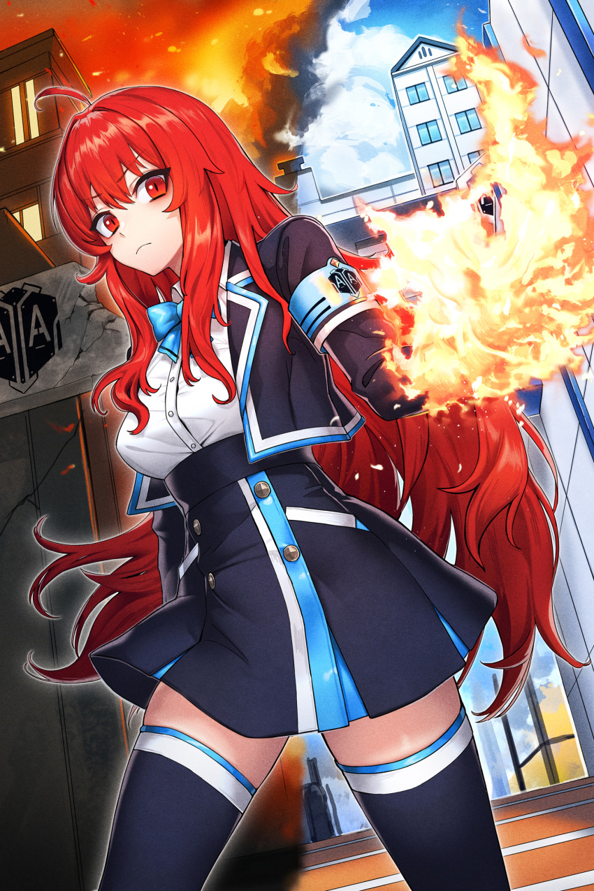 1girl ahoge armband blue_sky building burning burning_building cain_(gunnermul) closed_mouth clouds collared_jacket collared_shirt fire hair_between_eyes hand_up highres jacket long_hair looking_at_viewer neck_ribbon open_clothes open_jacket original pyrokinesis red_eyes redhead ribbon school_uniform shirt skirt sky solo stairs thigh-highs white_shirt zettai_ryouiki
