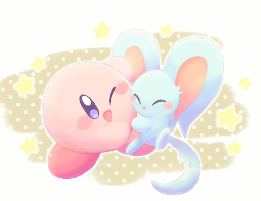 ;d ^_^ artist_name blue_eyes blush blush_stickers brown_background cheek-to-cheek closed_eyes commentary_request elfilin heads_together hug kirby kirby_(series) nasubino_(ramowarabi) no_humans one_eye_closed open_mouth outline polka_dot polka_dot_background simple_background smile star_(symbol) twitter_username white_background white_outline