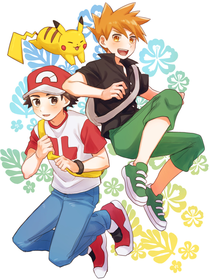 2boys :d blue_oak blue_pants brown_eyes brown_hair buttons collared_shirt commentary_request green_footwear green_pants hat highres holding_strap male_focus mochi_(mocchi_p_2m) multiple_boys open_mouth orange_hair pants pikachu pokemon pokemon_(creature) pokemon_sm red_(pokemon) red_footwear red_headwear shirt shoes short_hair short_sleeves smile sneakers spiky_hair t-shirt