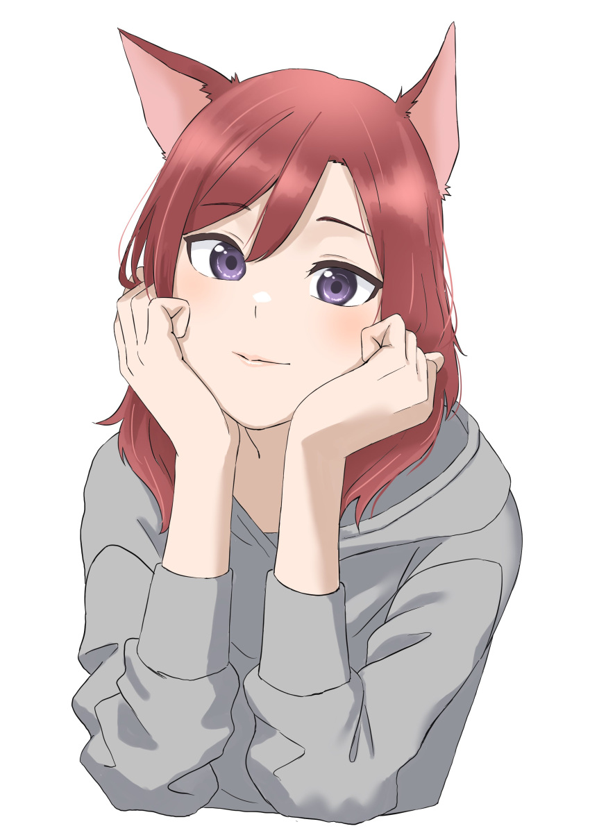 1girl absurdres animal_ears blush cat_ears closed_mouth commentary_request grey_hoodie hair_between_eyes hands_on_own_cheeks hands_on_own_face highres hood hoodie long_sleeves looking_at_viewer love_live! love_live!_school_idol_project medium_hair nishikino_maki redhead s_sho_mkrn solo standing upper_body violet_eyes white_background