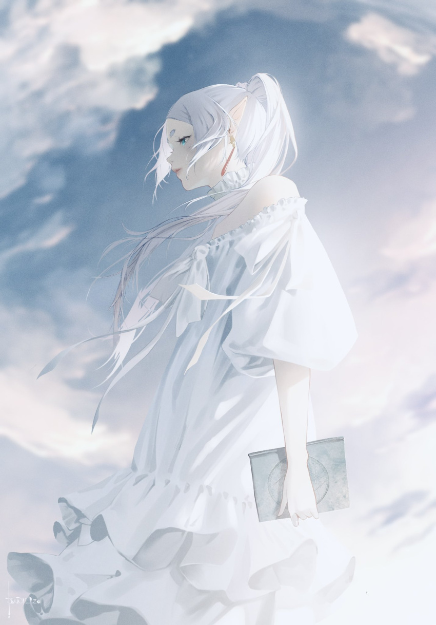 1girl bani-lizo book bow bowtie clouds dress earrings elf frieren green_eyes highres jewelry long_hair looking_to_the_side pointy_ears sky solo sousou_no_frieren standing twintails white_dress white_hair