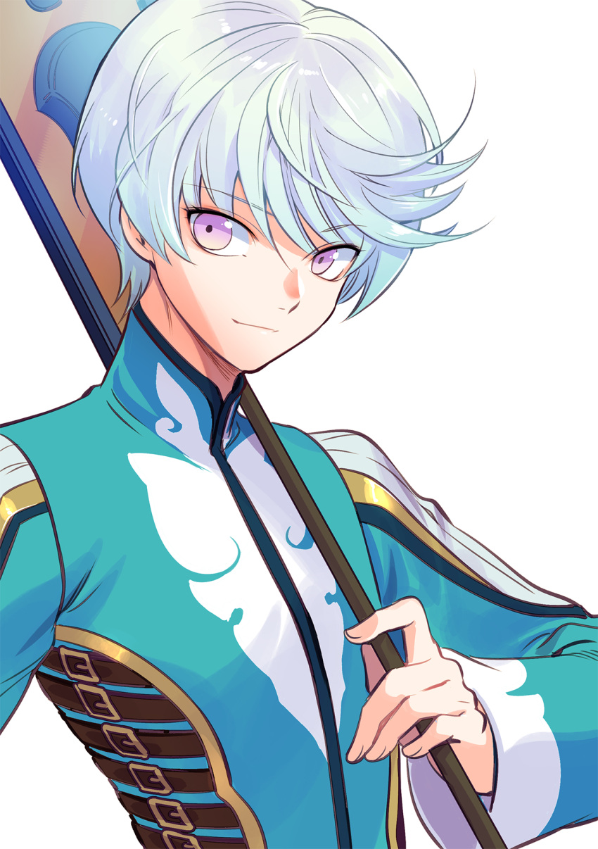 1boy bae_(baebae) grey_hair highres holding holding_staff light_smile looking_to_the_side male_focus mikleo_(tales) short_hair solo staff swept_bangs tales_of_(series) tales_of_zestiria upper_body violet_eyes white_background