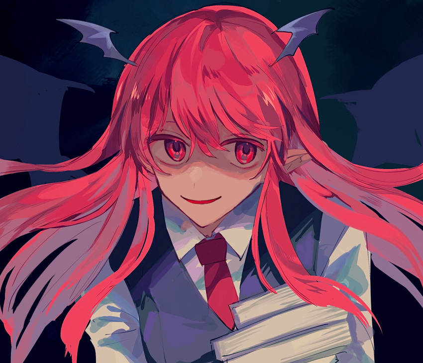 1girl book collared_shirt dark_background demon_wings evil_smile hair_between_eyes head_wings highres holding holding_book koakuma looking_to_the_side necktie nemari_(nemaru_0907) one-hour_drawing_challenge partially_shaded_face pink_eyes pink_hair pointy_ears portrait red_necktie shirt sketch smile solo sweater_vest touhou wings