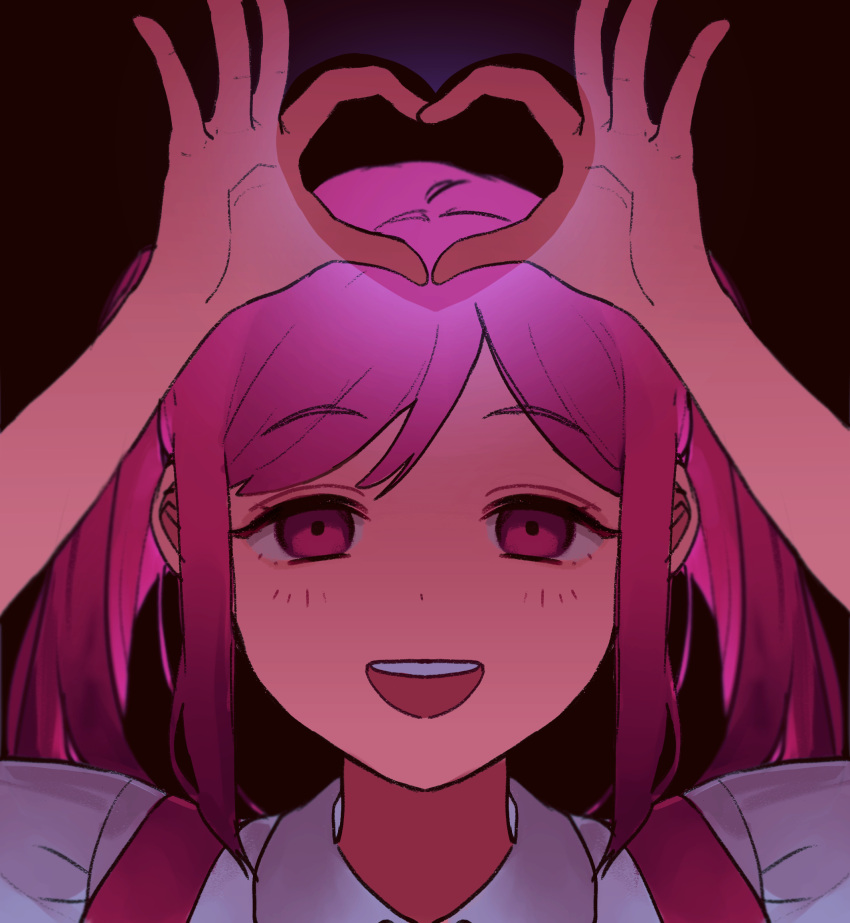 1girl black_background collared_shirt commentary_request hasu_art heart heart_hands highres long_hair looking_up omori open_mouth perfectheart_(omori) pink_eyes pink_hair shirt short_sleeves smile solo swept_bangs tan teeth twintails upper_teeth_only white_shirt
