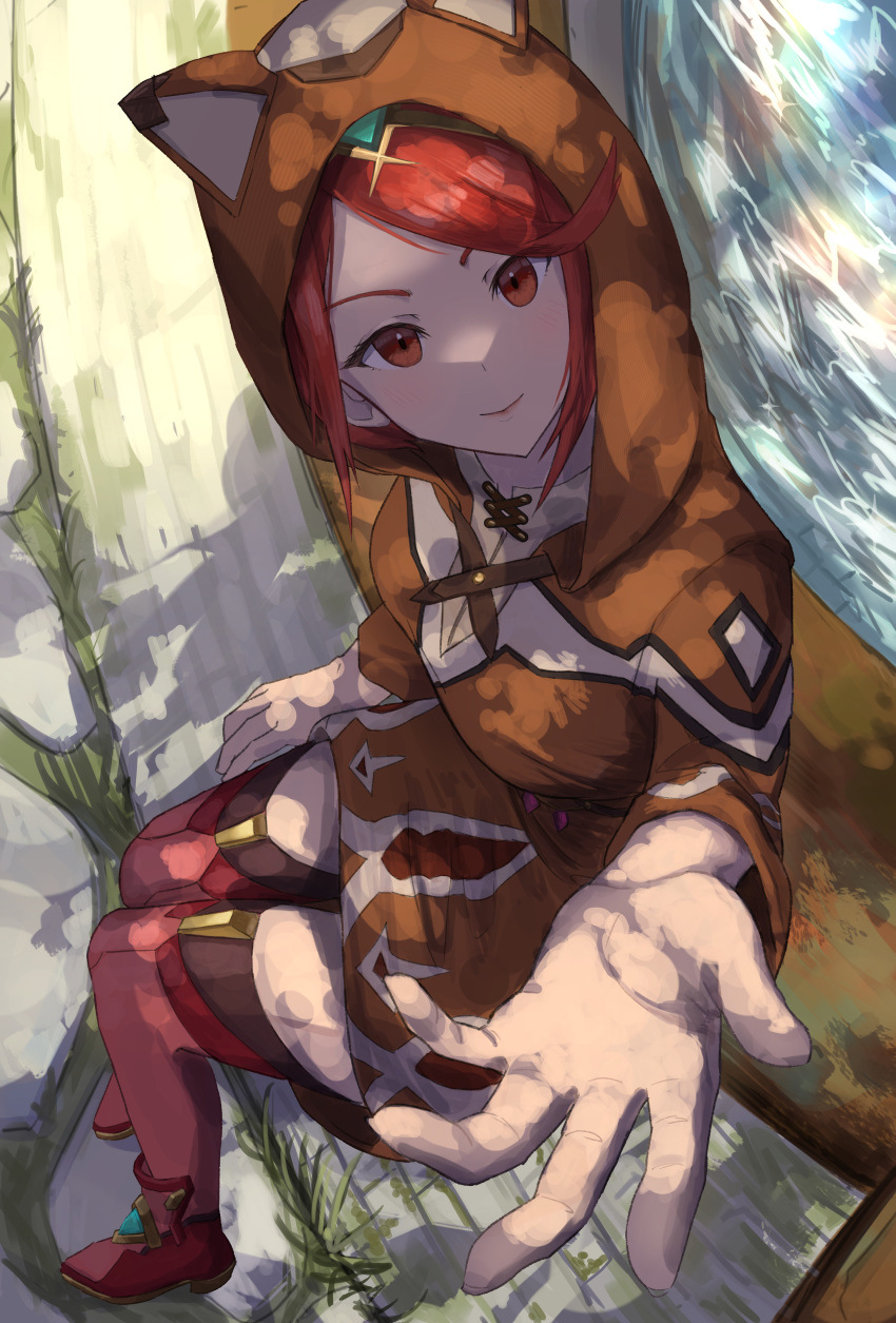 1girl absurdres animal_hood brown_hood brown_hoodie closed_mouth commentary_request dappled_sunlight disguised_pyra_(xenoblade) highres hood hood_up hoodie looking_at_viewer outdoors outstretched_arm outstretched_hand perspective ponaponyo pyra_(xenoblade) raccoon_hood red_eyes red_footwear red_thighhighs redhead short_hair sitting smile solo sunlight swept_bangs thigh-highs tiara xenoblade_chronicles_(series) xenoblade_chronicles_2