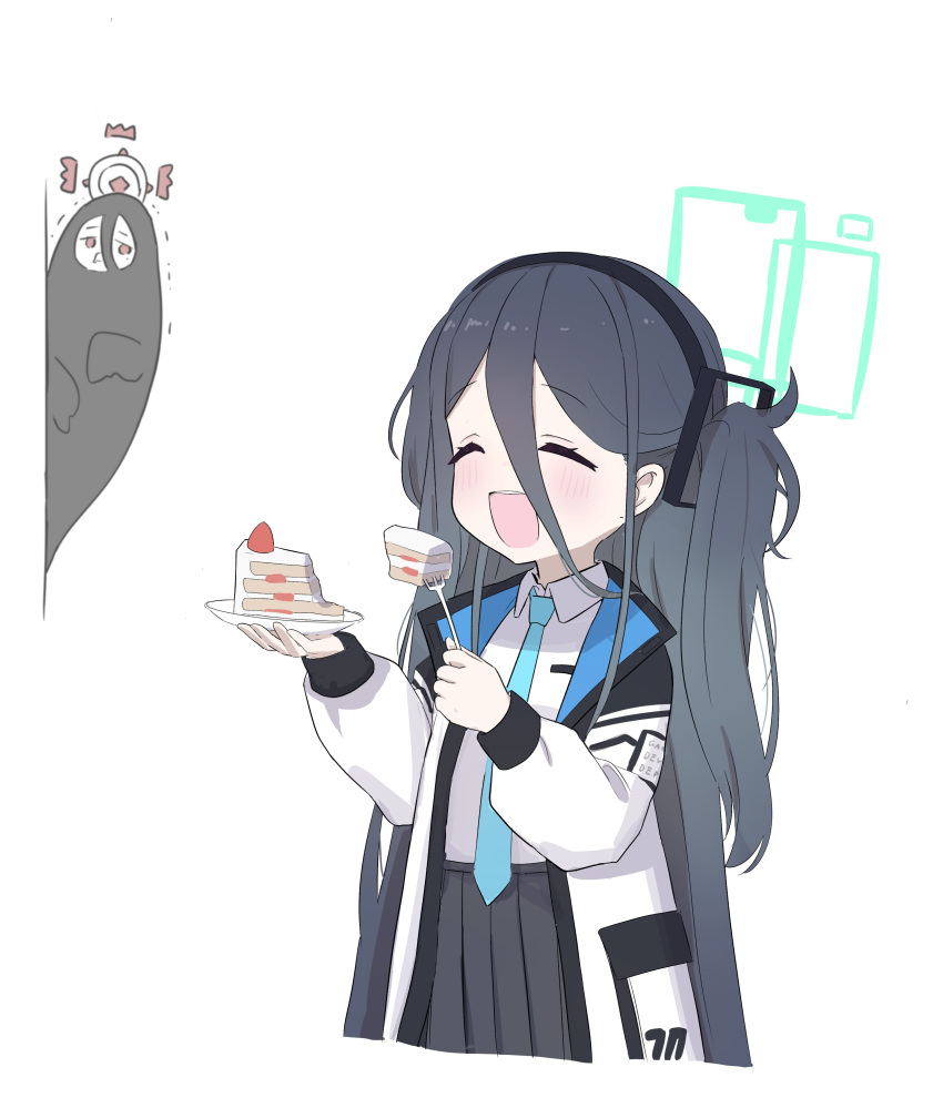 &lt;key&gt;_(blue_archive) 2girls :d absurdres aris_(blue_archive) black_hair black_skirt blue_archive blue_necktie blush cake cake_slice closed_eyes collared_shirt creature double-parted_bangs food fork halo highres holding holding_fork holding_plate jacket long_bangs long_hair long_hair_between_eyes long_sleeves multiple_girls necktie one_side_up patanda plate pleated_skirt rectangular_halo round_teeth shirt shirt_tucked_in simple_background skirt smile strawberry_shortcake teeth upper_teeth_only very_long_hair white_background white_jacket white_shirt