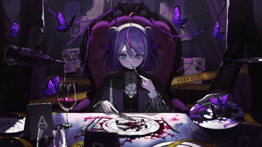 1girl alcohol blood blood_splatter blue_eyes bottle bug butler butterfly caution_tape cup double_bun drinking_glass faceless fork hair_bun highres holding holding_fork holding_knife indie_virtual_youtuber knife medium_hair meitantei_marimu plate pouring purple_hair red_wine sitting solo_focus table tablecloth throne wine wine_bottle wine_glass youichi_(45_01)
