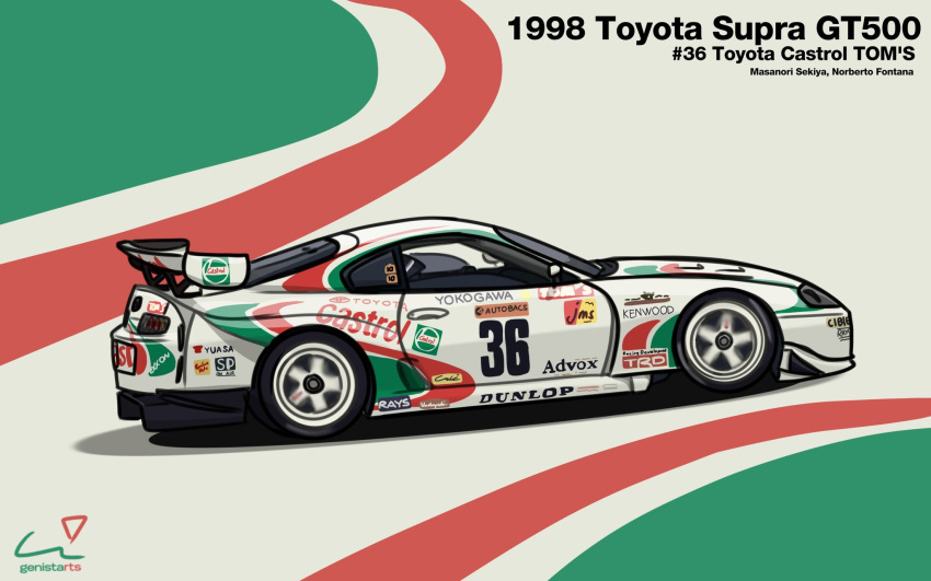 car castrol dunlop english_commentary from_side highres mei_(genistarts) motor_vehicle no_humans race_vehicle racecar shadow spoiler_(automobile) sponsor super_gt tom's_racing toyota toyota_supra toyota_supra_mk_iv vehicle_focus