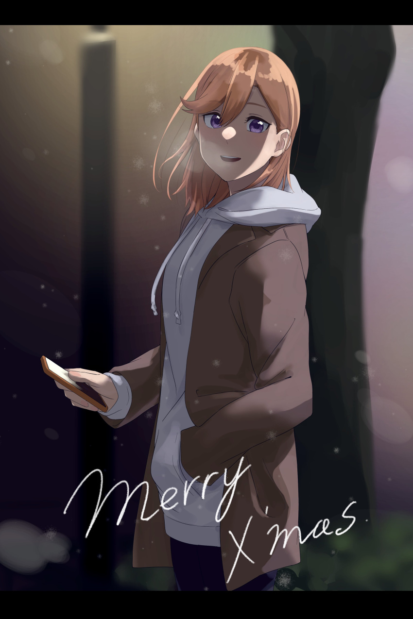 1girl absurdres brown_jacket cellphone commentary_request grey_hoodie hand_in_pocket highres holding holding_phone hood hoodie jacket long_sleeves looking_at_viewer love_live! love_live!_superstar!! medium_hair merry_christmas open_clothes open_jacket open_mouth orange_hair outdoors phone s_sho_mkrn shibuya_kanon smartphone solo standing steam upper_body violet_eyes