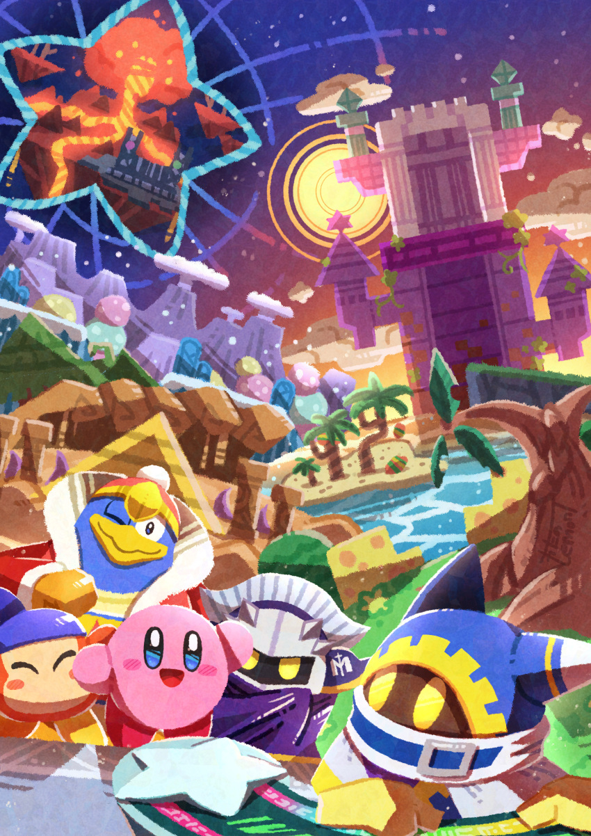 absurdres armor bandana bandana_waddle_dee blue_bandana cape colored_skin gloves highres king_dedede kirby kirby's_return_to_dream_land kirby_(series) magolor mask meta_knight no_humans palm_tree pauldrons pink_skin pom_pom_(clothes) rayman_limbs shoulder_armor solid_oval_eyes star_(symbol) tower tree watawata22 yellow_eyes yellow_gloves