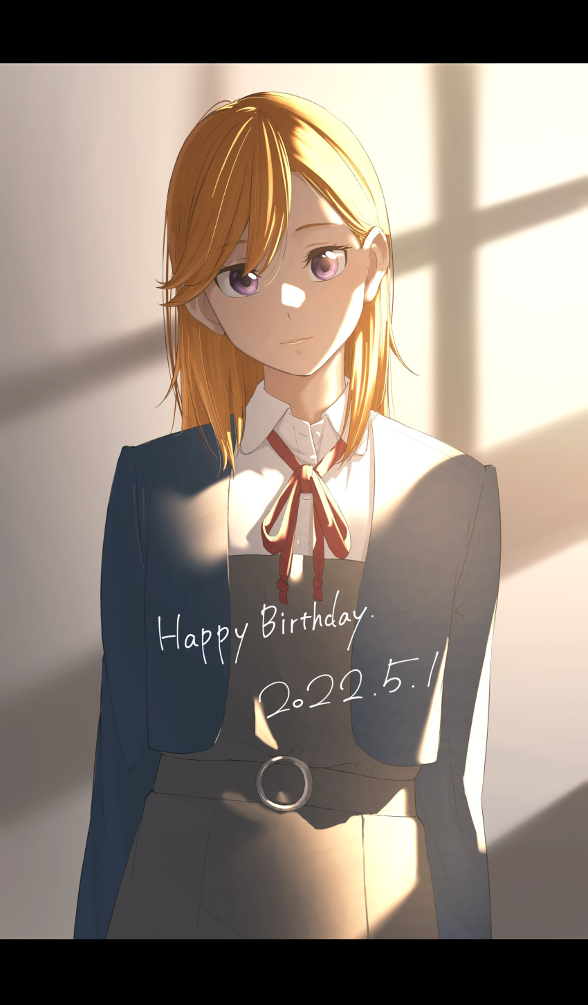 1girl absurdres blue_jacket closed_mouth collared_shirt commentary_request cropped_jacket dated dress grey_dress happy_birthday highres jacket light_rays looking_at_viewer love_live! love_live!_superstar!! medium_hair neck_ribbon open_clothes open_jacket orange_hair red_ribbon ribbon s_sho_mkrn school_uniform shibuya_kanon shirt solo standing swept_bangs upper_body violet_eyes white_shirt winter_uniform yuigaoka_school_uniform